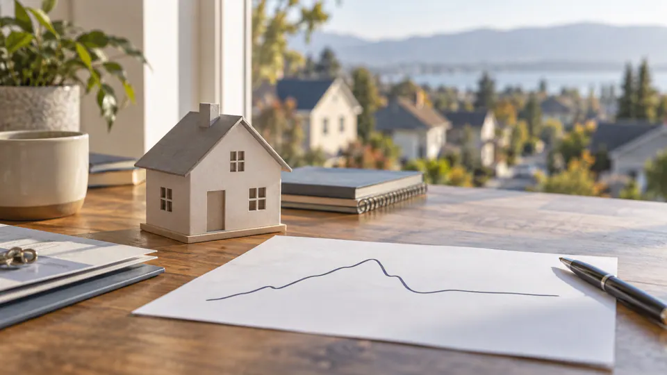 A small house model sits beside an unlabeled line that rises, dips and levels off.