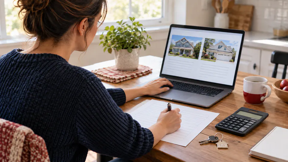 A prospective homebuyer compares two home listings at a kitchen table with a calculator and house key nearby.